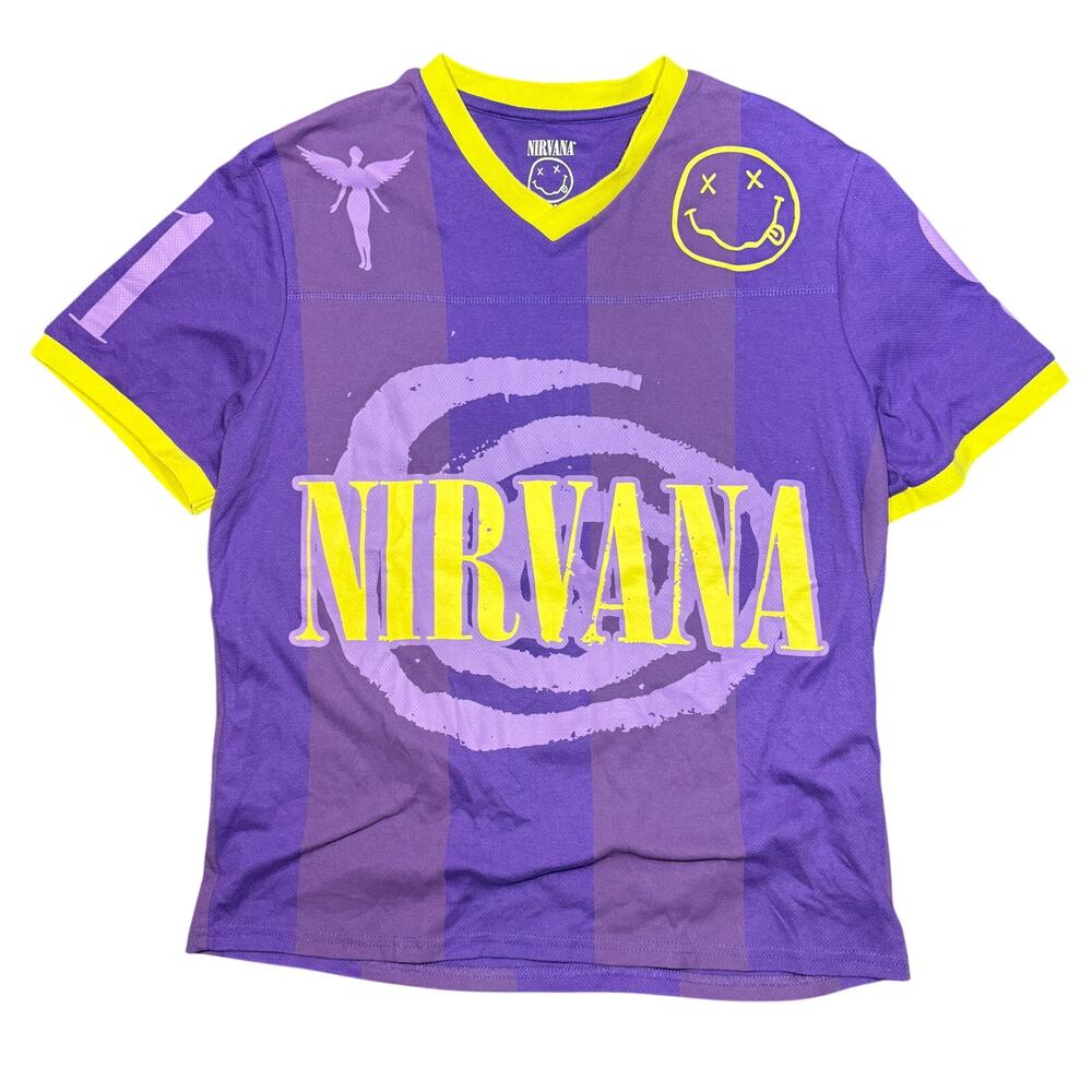 Nirvana Shirt Large Purple Yellow Graphic Smiley Face Band Tee Vintage Style